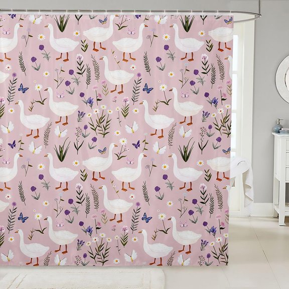 Pink Goose Shower Curtain Wildflower And Butterfly Fabric Bathroom Decor 71x71 Inches