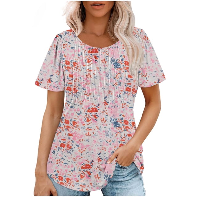 Fiudx Ofertas Flash Artículos En Oferta Top Estampado con Cuello Redondo y Manga Corta Informal para Mujer a La Moda