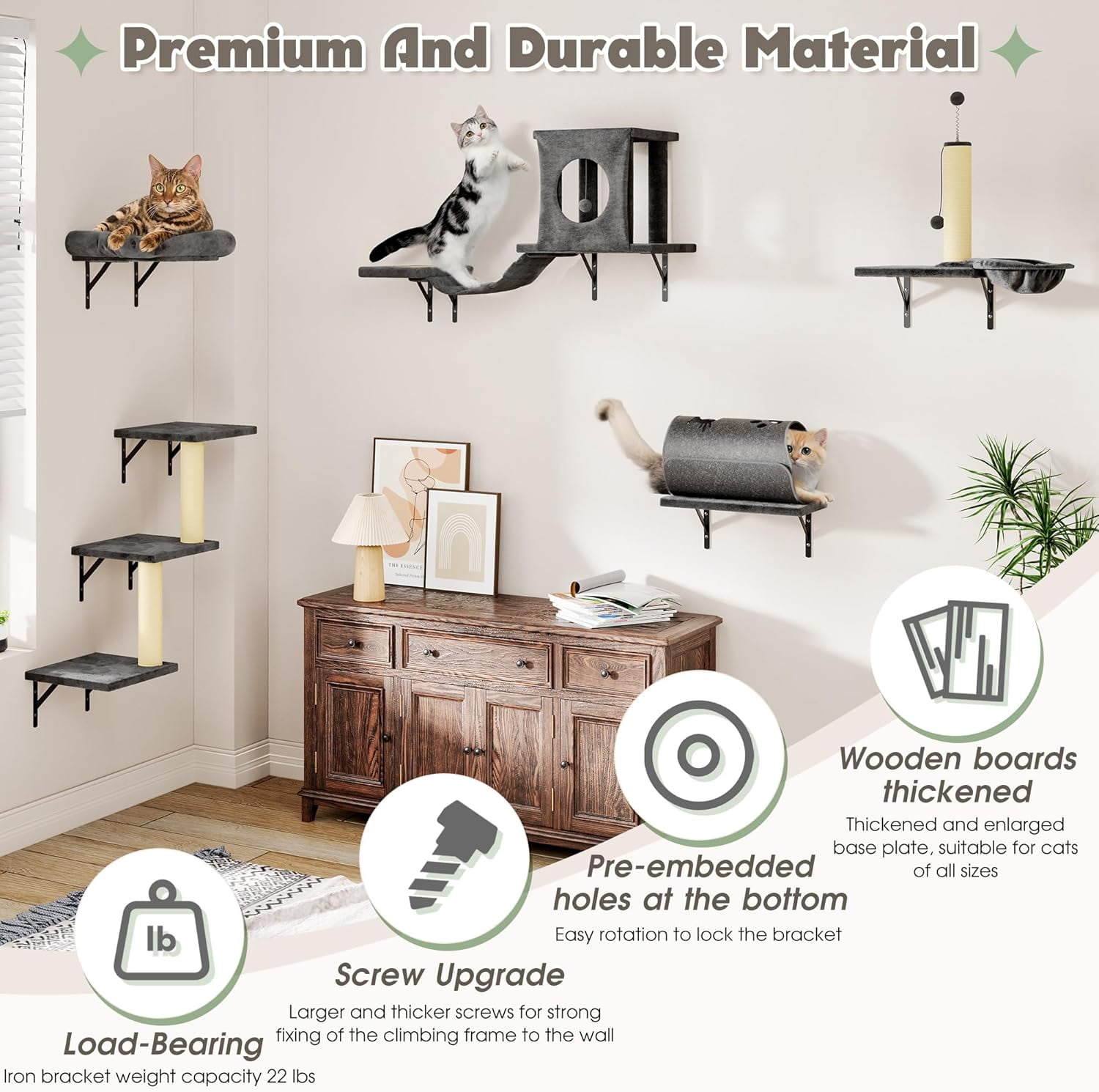SONGMY 7-in-1 Wall Mounted Cat Climber Set, Cat Furniture Set with House, Bridge, Tree, Steps, Scratcher, DIY Playground, Shelves for Indoor Wall Furniture Set - Dark Gray