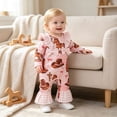 thumbnail image 5 of mgoYE Baby Girl Cowgirl Outfit Hat Boots Print Romper 3 6 12 18M Western Jumpsuit Long Sleeve Ruffle Romper, Infant Cowgirl Outfit, Fall Winter Clothes(Brown,6-12 Months ), 5 of 9