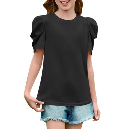 Mwjwdo Girls Puff Short Sleeve Tops Kids Summer T Shirts Crewneck Fashion Tees 4-14 Years 2025 Fashion Blouse Black 11 Years