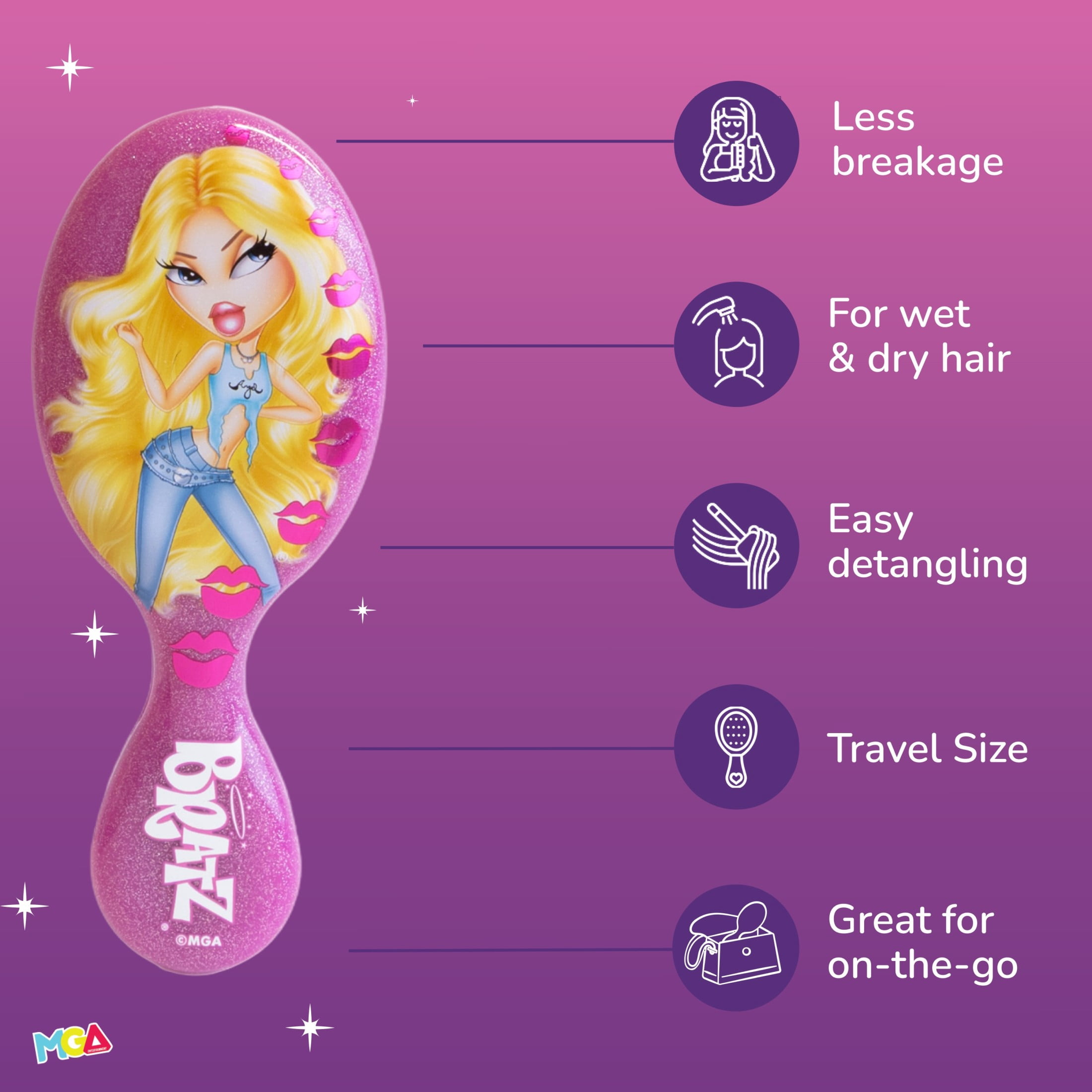 Wet Brush Bratz Cloe Mini Detangler Hairbrush with 4 Bonus Seamless Elastics