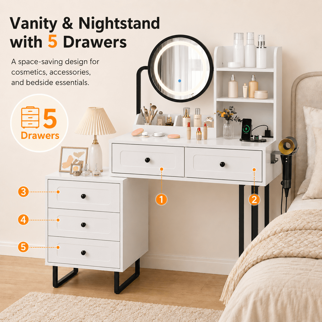 Zimtown Vanity Desk with Round Mirror, Makeup Vanity with Adjustable Lights & Large Drawers, Vanity Table for Bedroom Dressing Room, White & Black