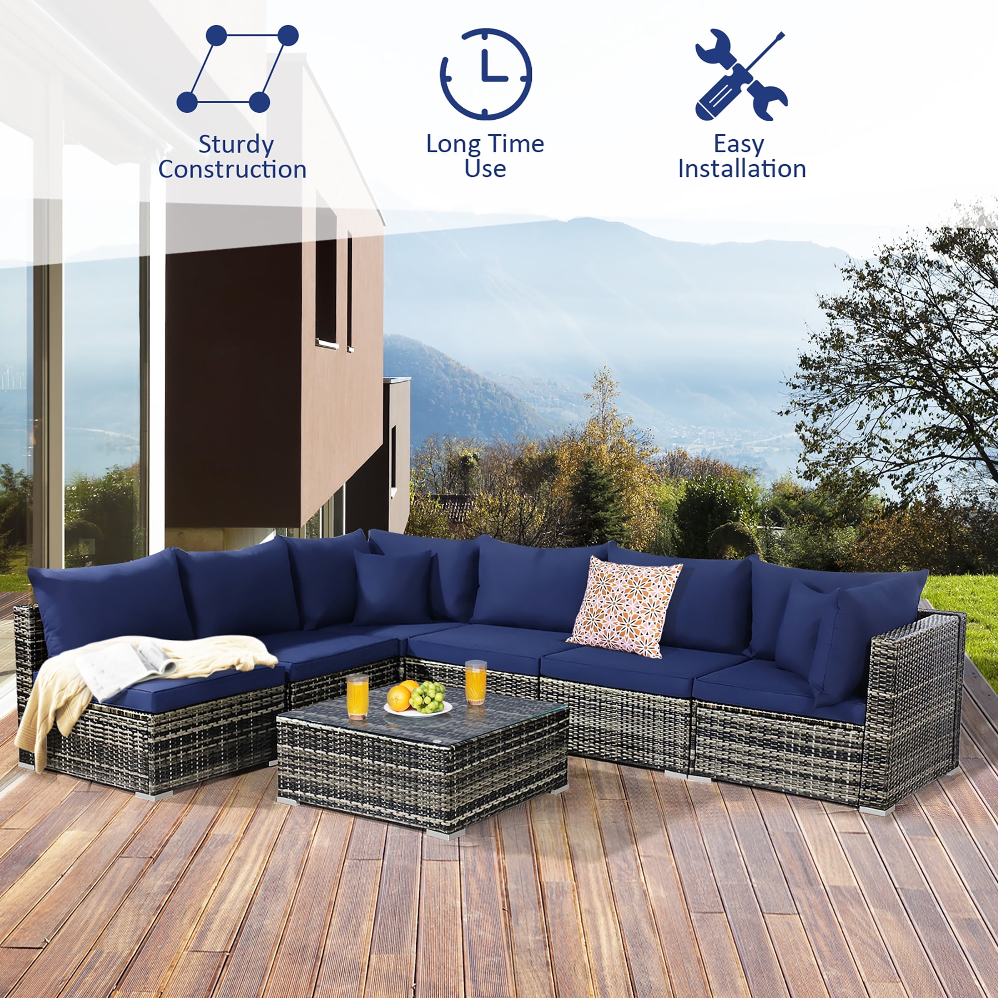 Costway 7PCS Patio Rattan Furniture Set Sectional Sofa Garden Black Cushion Walmart
