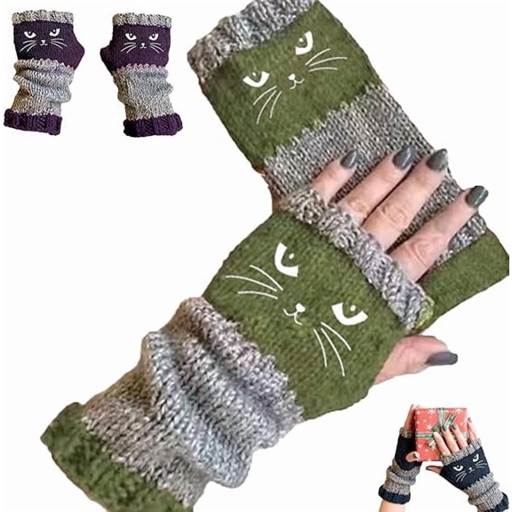 Cozy Cat Tastic Gloves, Knitted Fingerless Gloves for Women, Women’s Knitted Fingerless Glovess with Cute Cat Embroidery(Red)