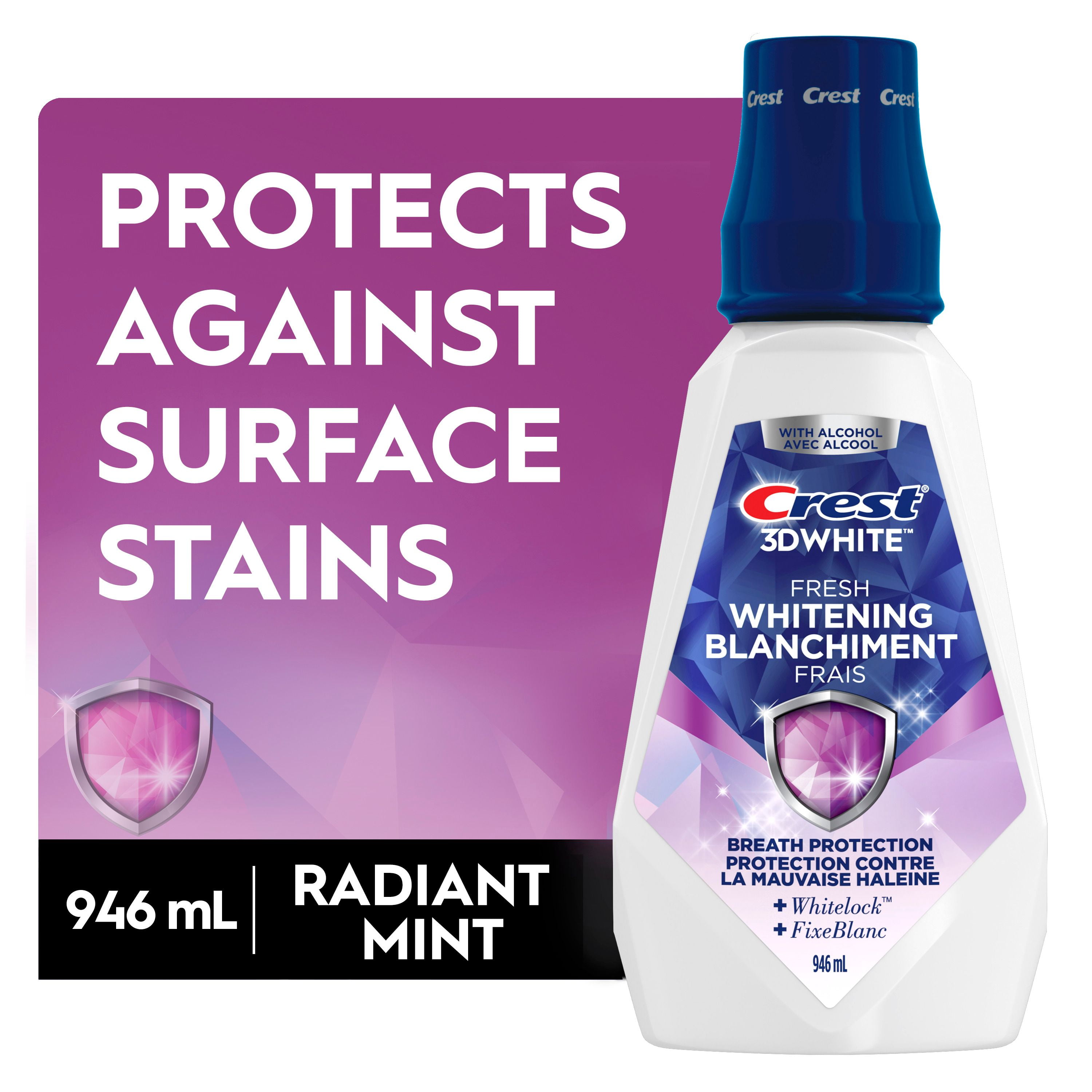 Crest 3D White Fresh Whitening Mouthwash/Mouth Rinse, Prevents Surface Stains, Kills Millions of Bad Breath Germs, Alcohol-Free, Arctic Mint Flavor, 946