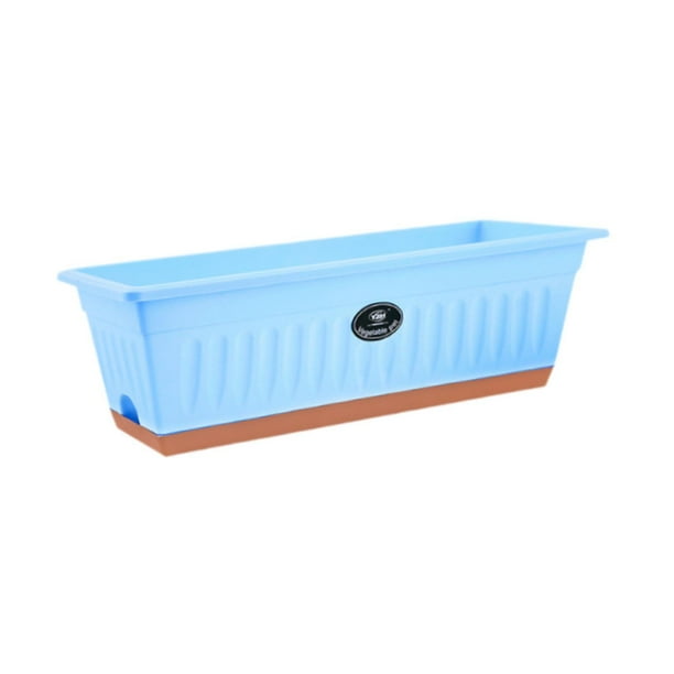 Maceta de plástico con bandeja para flores, 50 x 19 x 16 cm, con orificios de drenaje, rectangular. Azul