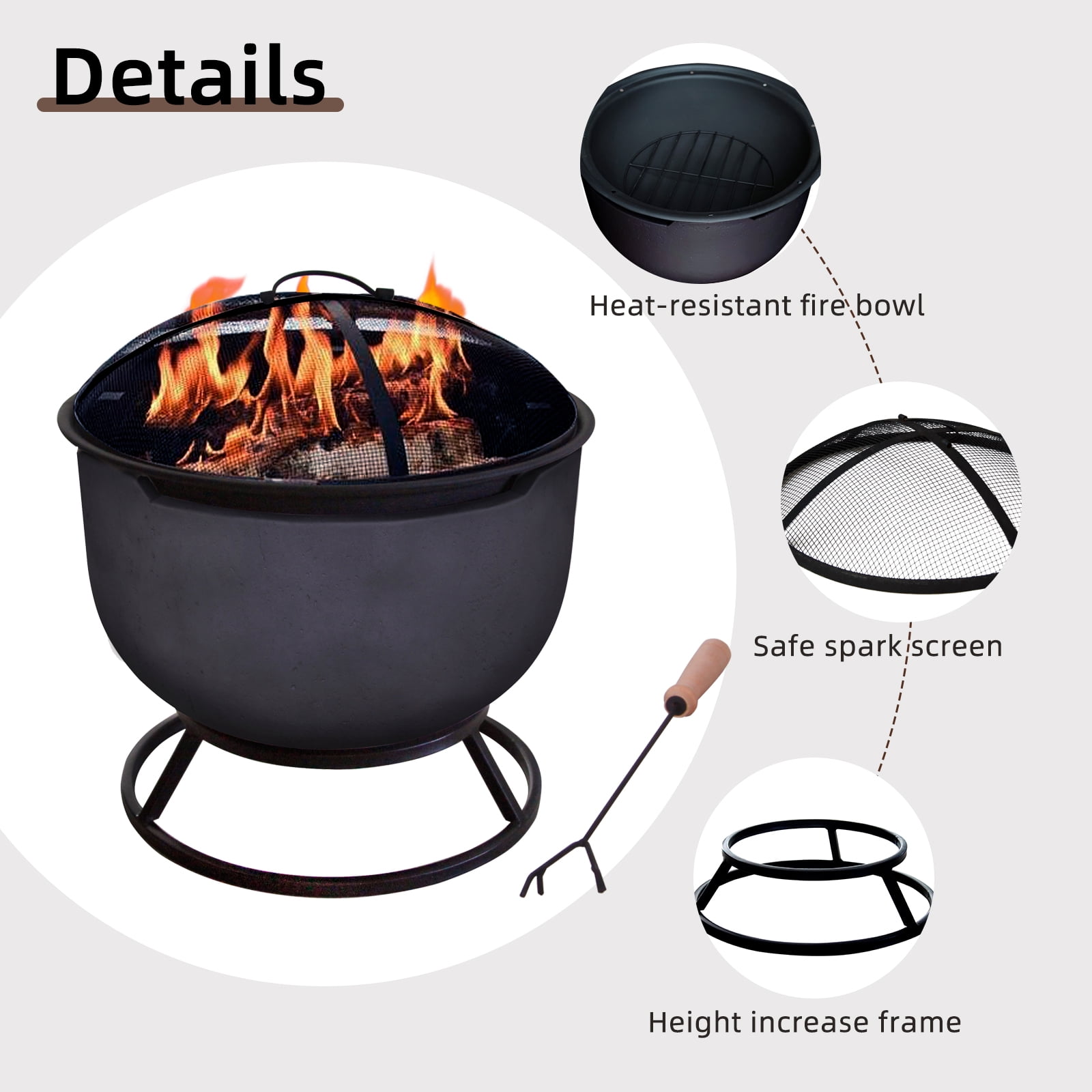 Afterglow Round Terrafab Outdoor Wood Burning Fire Pit with Safe Spark Screen and Height Increase Frame Stand, Dark Gray