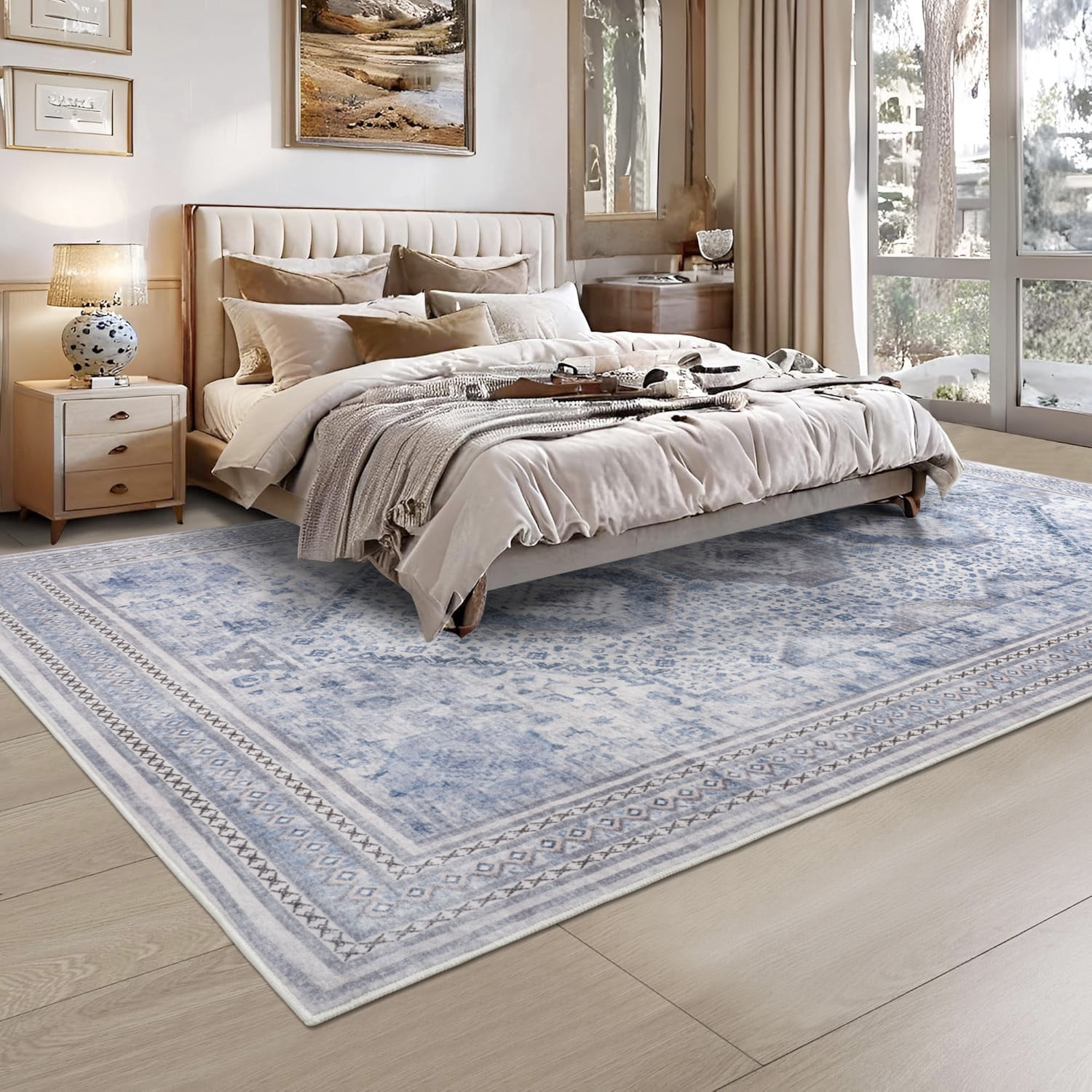 Astorug 6x9 Area Rugs for Living Room, Washable Area Rug, Rugs for Bedroom, Kitchen Rugs, Vintage Boho Carpet, Soft Non-Slip, Low Pile Large Area Rug for Office Dining Room, Light Blue