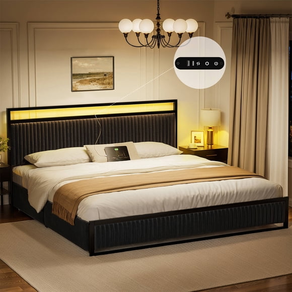 GUNAITO King Bed Frame with 2 Storage Drawers, Platform Bed with Headboard, Velvet Upholstered Bed Frame with LED Lights & Charging Station, Black