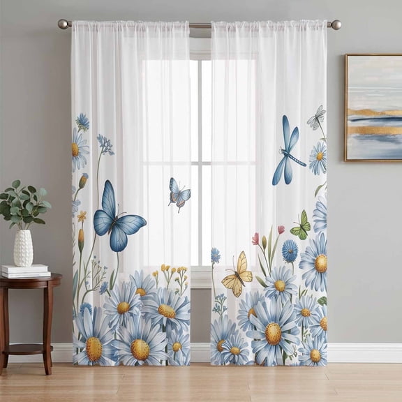 Bedliving Sheer Curtains 84 Inches Long 2 Panels Blue Daisy Floral Light Filtering Voile Drapes Rod Pocket Curtains for Bedroom Living Room Decor