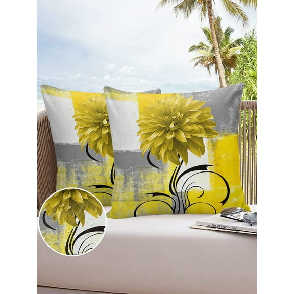 Outdoor Throw Pillow Cover Yellow Dahlia Flower Geometric Art Waterproof Cushion Covers 2 Pack Gray White Color Block Painting Pillow Cases Home Decoration for Patio Garden Couch Sofa