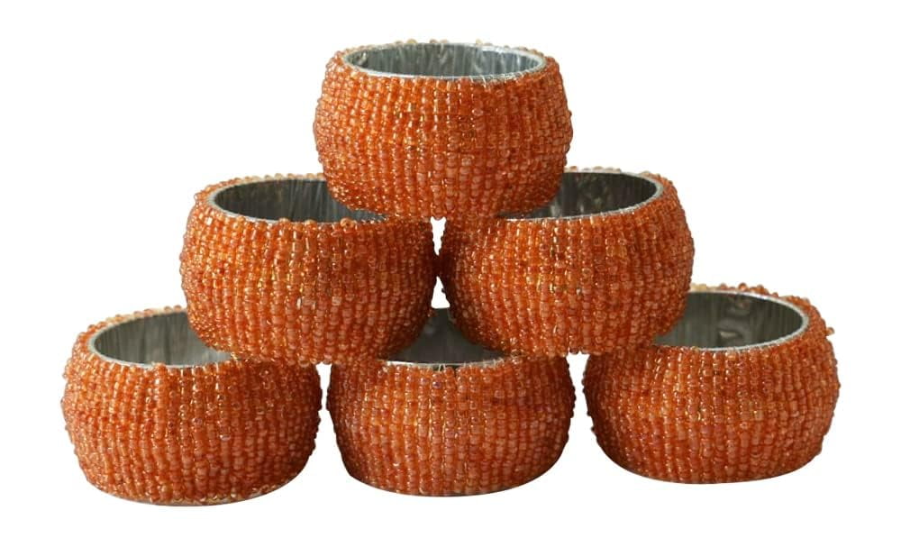 Ajuny Set of 6 Orange Handmade Beaded Decorative Napkin Rings Party