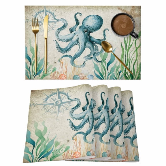 Octopus Coastal Placemats Set of 6, Vintage Nautical Ocean Starfish Compass Placemats for Dining Table, Place Mats for Kitchen Tabletop, Waterproof Wipeable Dining Table Mats Set