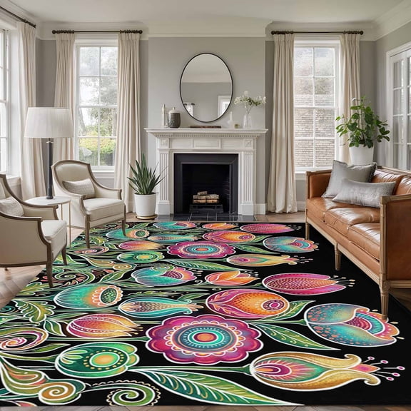 Boho Tulip Flower Area Rugs 6'x9', Washable Small Throw Rugs for Kitchen Dining room, Spring Watercolor Abstract Floral Plant Indoor Outdoor Rug Non-Slip Low Pile Carpet Runner Reversible Floor Mats