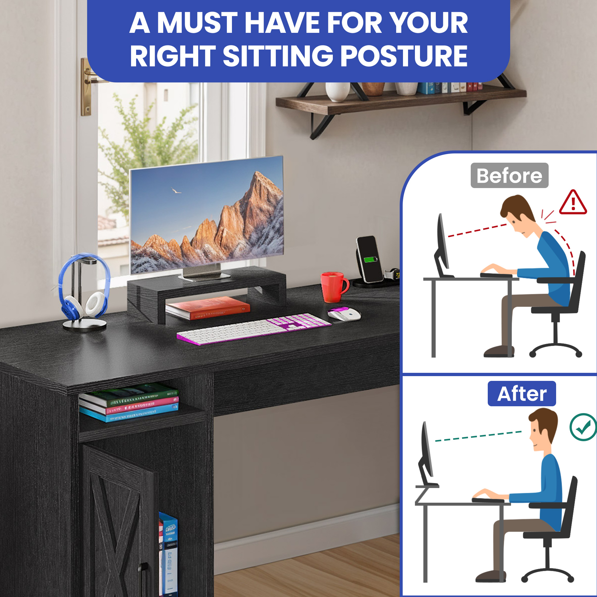 ModFusion 59 Inch L Shaped Corner Computer Desk with Power Outlets & USB Ports, Office Desk with File Drawer, Monitor Stand & Storage Shelves, Black