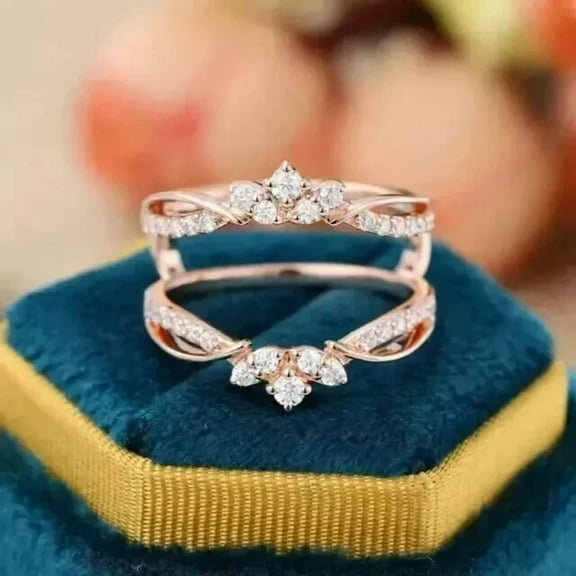 1CT Round Cut Simulated Diamond Women's Enhancer Wrap Guard Wedding Ring 14k Rose Gold Plated Silver