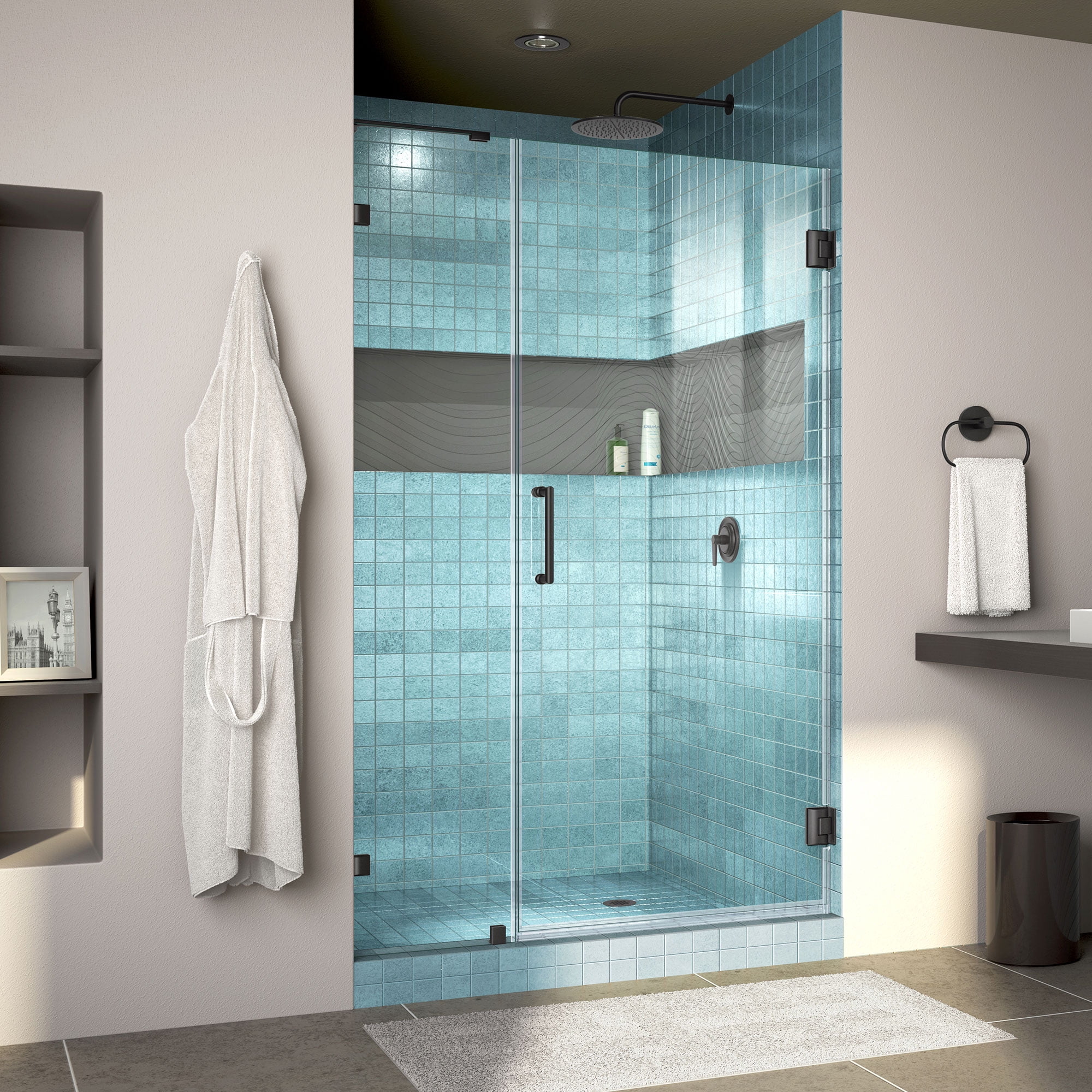 DreamLine Unidoor Lux 43 in. W x 72 in. H Fully Frameless Hinged Shower Door with L-Bar in Satin Black