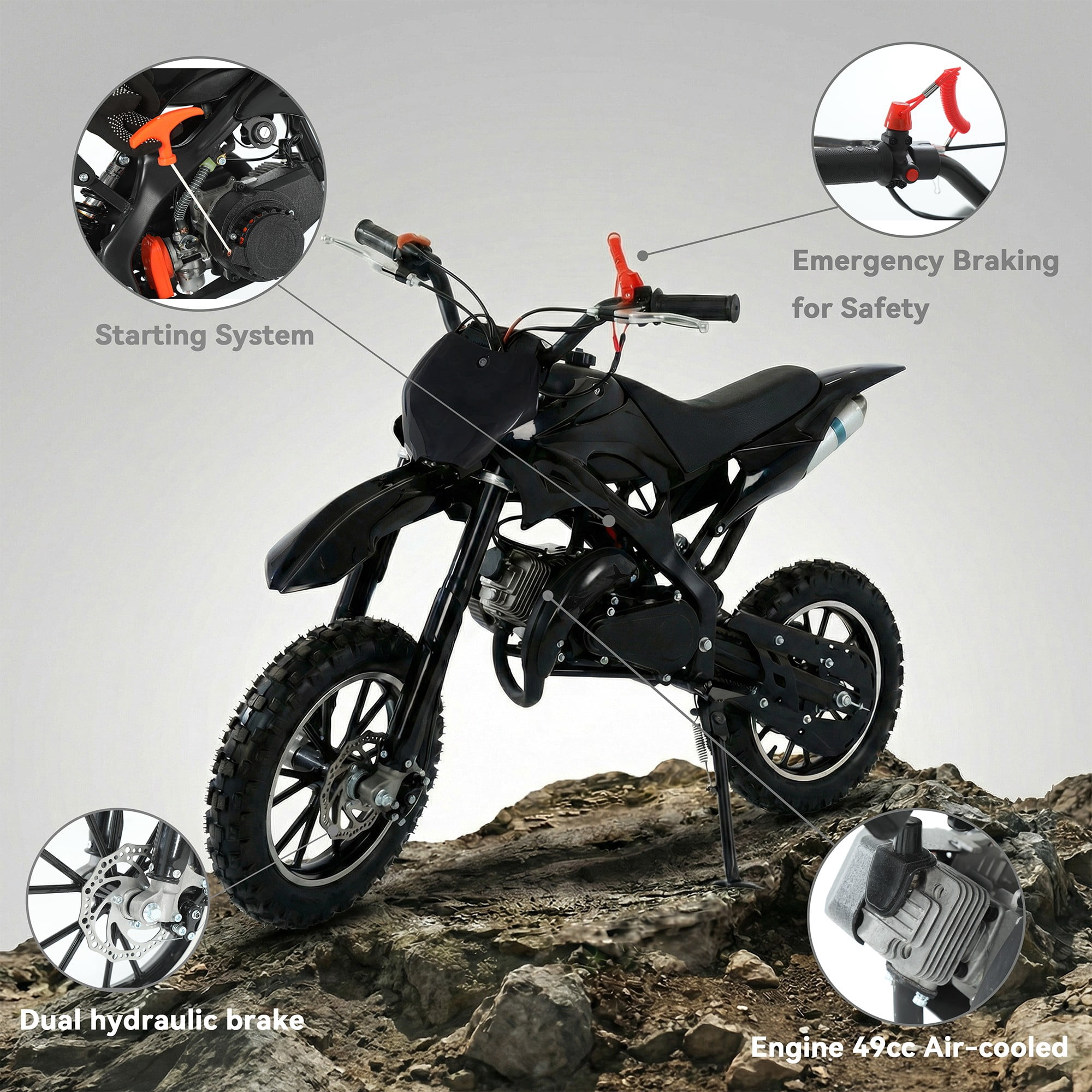 FONA 49cc 2-Stroke Dirt Bike for Kids 8-12, 25mph Mini Motorcycle with Dual Disc Brakes, Multi Terrain Tires, Suspension & Soft Seat Black