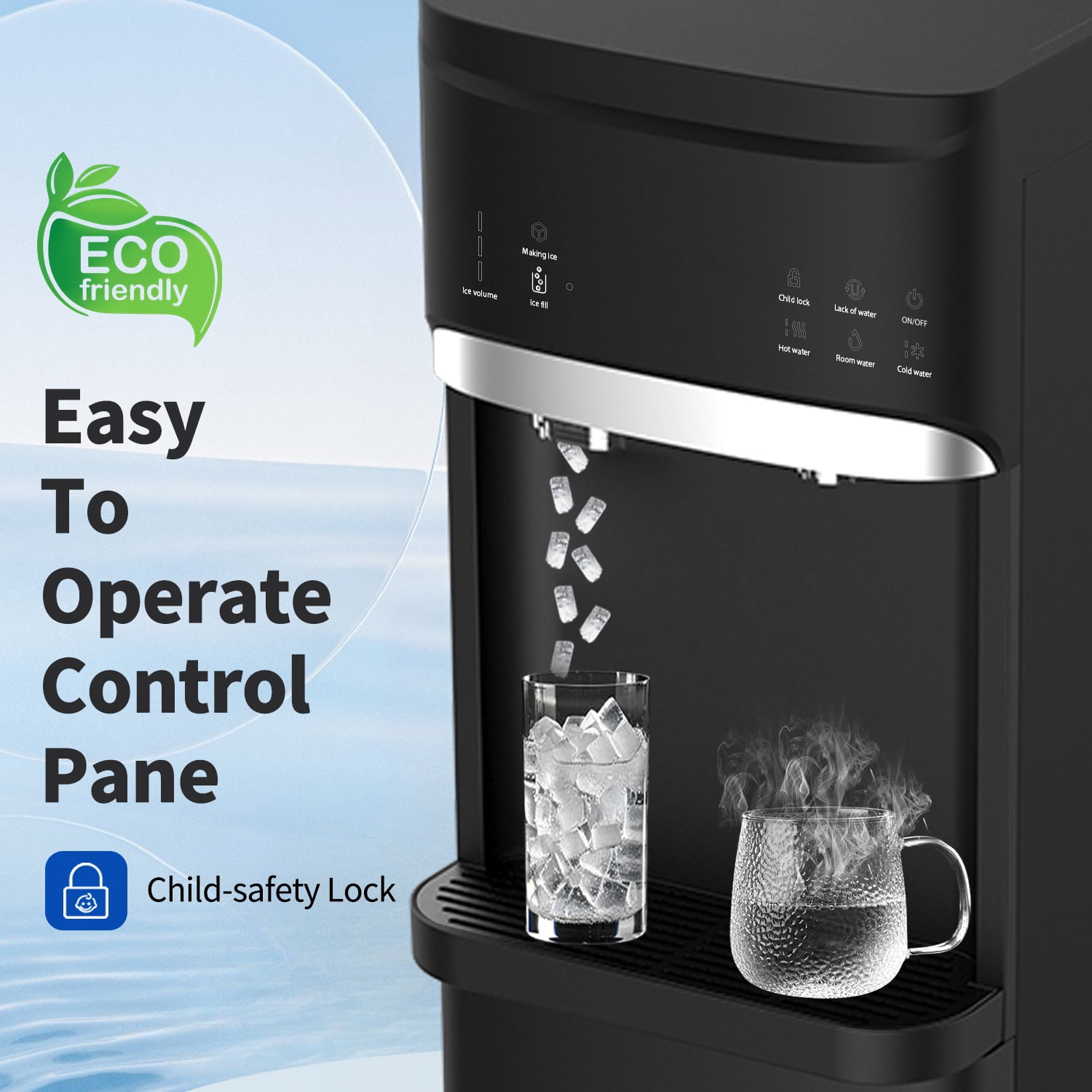 IKT Bottom Loading Water Dispenser with Nugget Ice Maker,Self-Clean,44lbs/Day,5 Gallon,,3-Temp(Cold/Hot/Room),Child Lock,for Home & Office,Black
