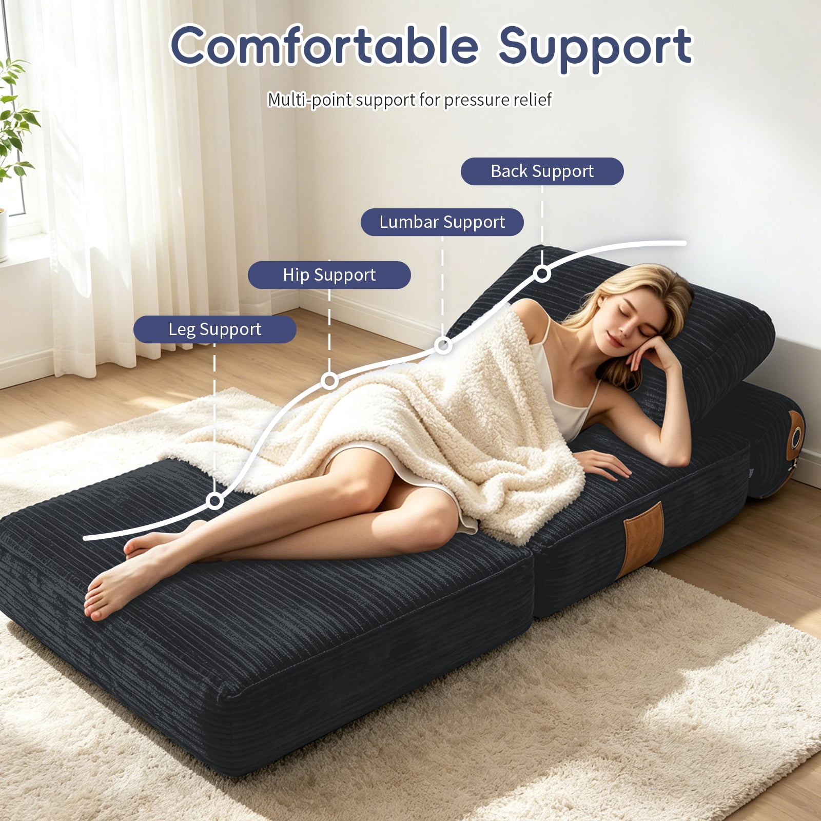 Leumius Lazy Sofa Bean Bag Chair,Folding Sofa Bed,Comfy Convertible Fold Out Lounge Chair for Living Room Bedroom,DARK GREY