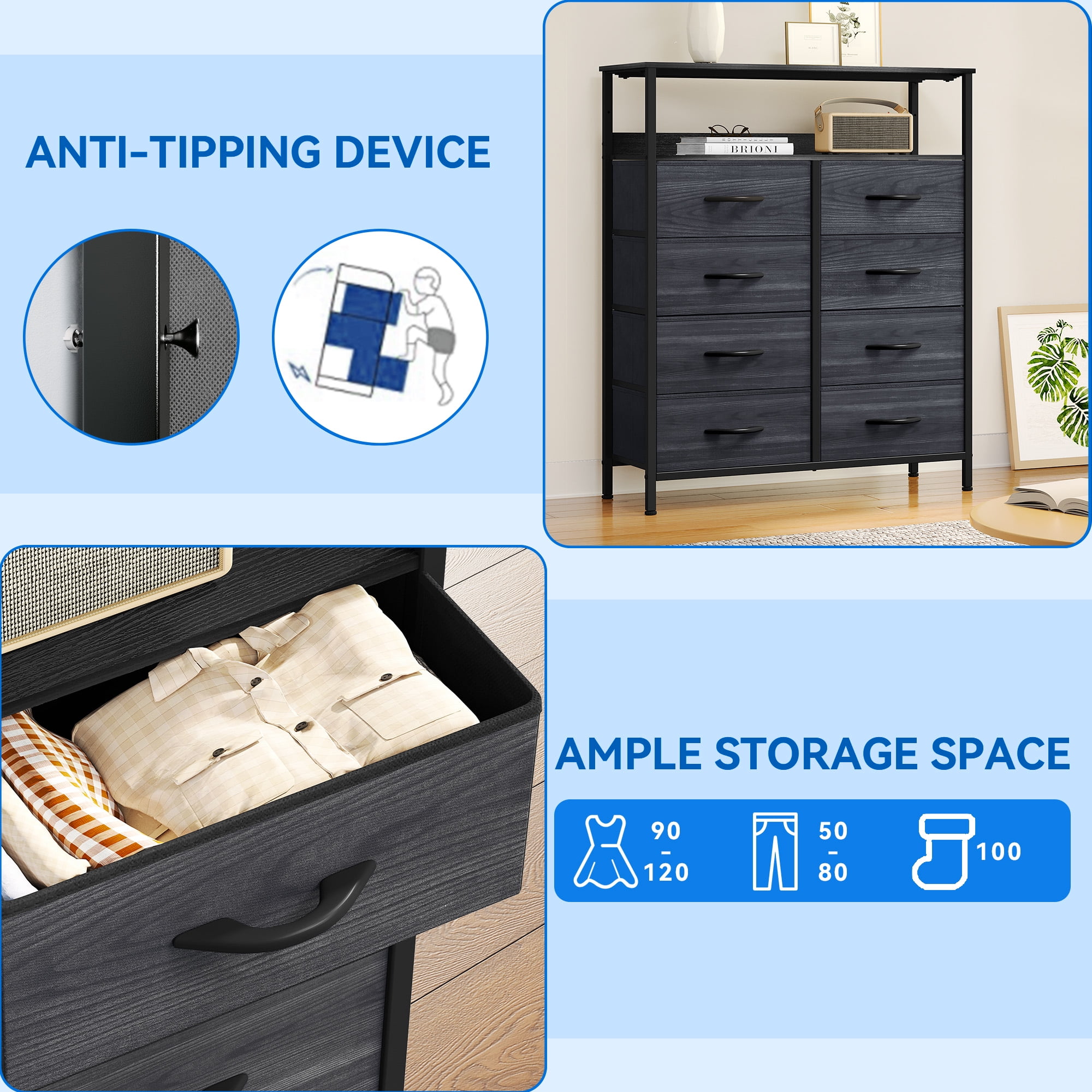 Uforic 8-Drawer Fabric Dresser with Shelves, Steel Frame, for Adults, Black