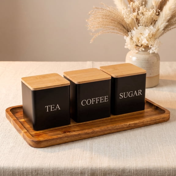Coffee and Sugar Container Set with Bamboo Lids, 3Pcs Canisters for Tea & Coffee – Kitchen Canister Sets (3.35in x 3.35in x 3.35in) by ZHANGLU