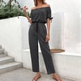 thumbnail image 2 of Womens Casual Off Shoulder Jumpsuits Short Sleeve Tie Waisted Straight Leg Long Pants Outfits Onesie Rompers Playsuits, 2 of 7