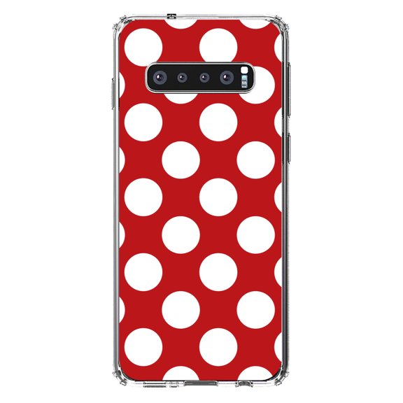 DistinctInk Clear Shockproof Hybrid Case for Samsung Galaxy S10  PLUS(6.4" Screen) - TPU Bumper, Acrylic Back, Tempered Glass Screen Protector - White & Red Polka Dots