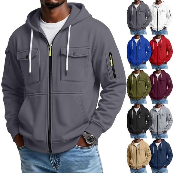 Chiccall Mens Fleece Hoodie Cargo Long Sleeve Full Zip Drawstring Hooded Sweatshirts Casual Loose Fit Athletic Jacket with Multi Pockets