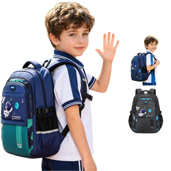 WAYUTE Backpack for Kids Back to School Lightweight Large Capacity Backpack for Boys with Cartoon Space Print Commuting Bookbag Casual School Activities
