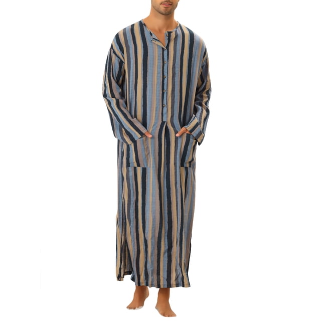 CAMISA DE NOCHE CHIC PARA HOMBRE Rayas de Manga Larga Cierre de Botón Dos Bolsillos Camisones L Azul Marino Gris