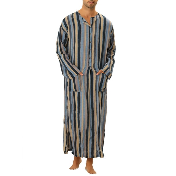 CAMISA DE NOCHE CHIC PARA HOMBRE Rayas de Manga Larga Cierre de Botón Dos Bolsillos Camisones L Azul Marino Gris