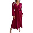 thumbnail image 2 of qafoshin Fall Pleated Dresses for Women V Neck Long Sleeve Midi Dress Waistband Classic Ruched Dress, 2 of 7