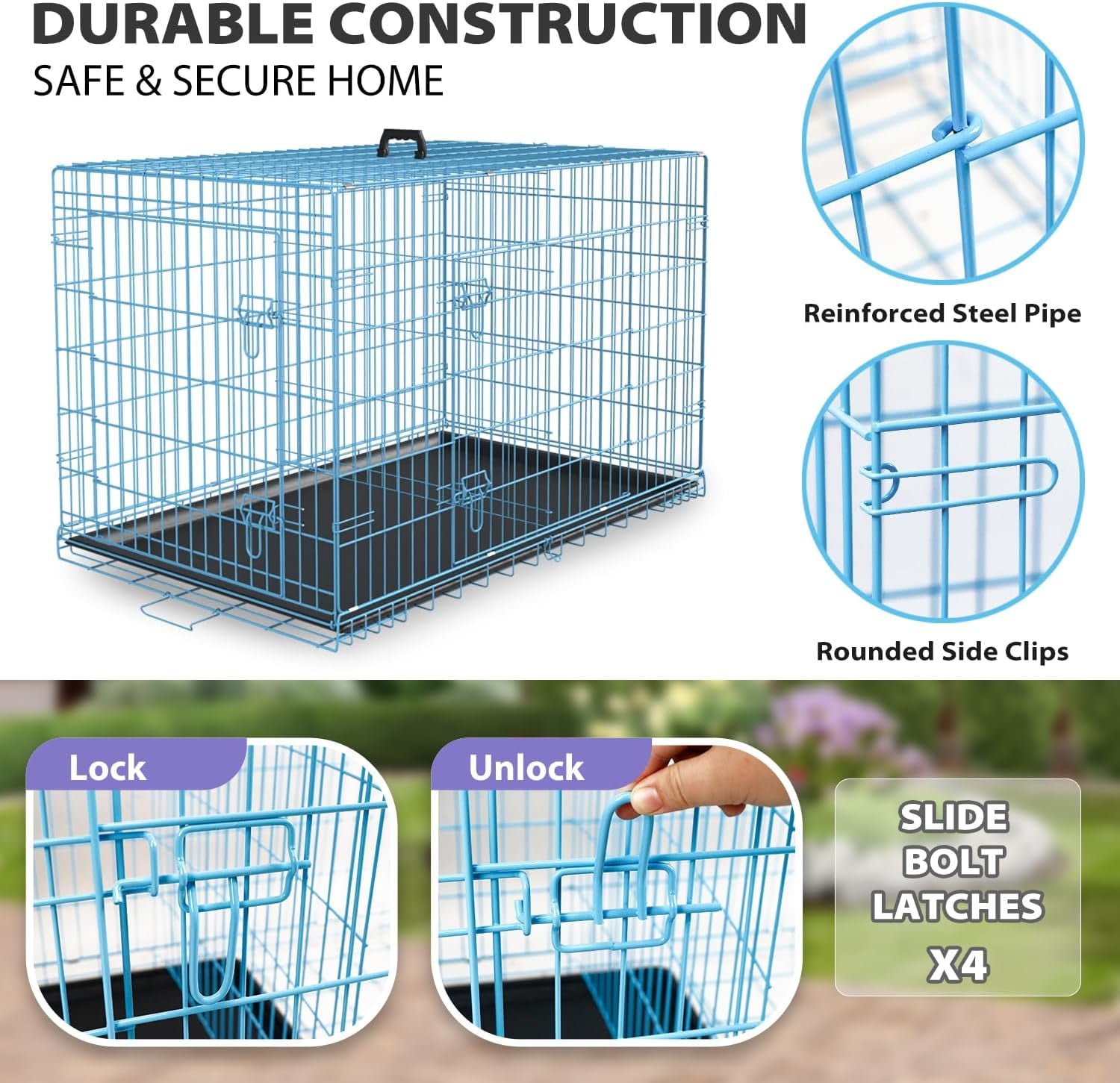 Dkelincs 48 inch Large Dog Crate Portable Foldable Dog Cage with 2 Doors, Handle, Plastic Tray, XXL Dog Kennel for Medium Large Puppy, Blue