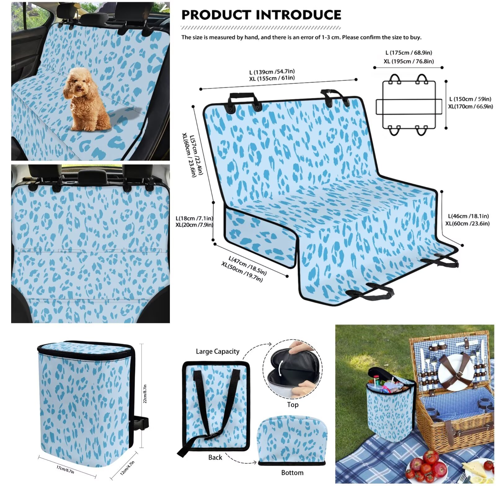 Garronmavis Blue Leopard Print 3 Pcs Car Accessories Set Dog Car Seat Cover for Back Seat Dog Bandanas Car Trash Can Large Capacity Multipurpose Dog Hammock for Car