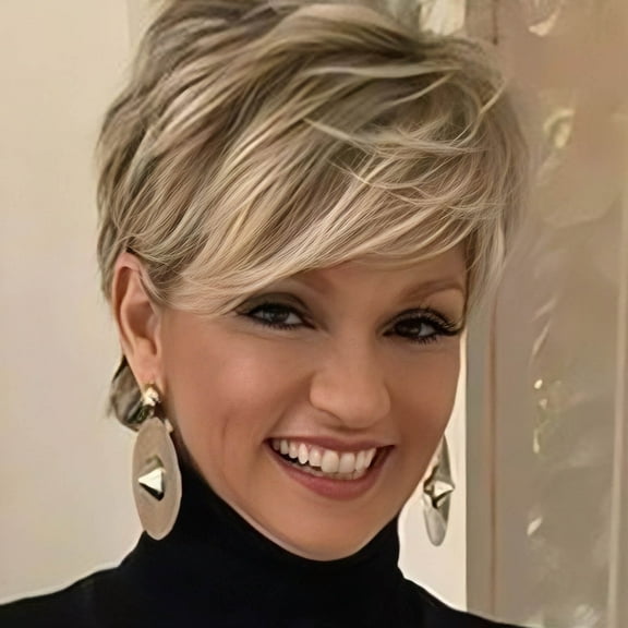 QUEENTAS Short Blonde Wigs for Women Pixie Cut Wig Layered Blonde Glueless Wig with Bangs Synthetic Hair Wig Cap