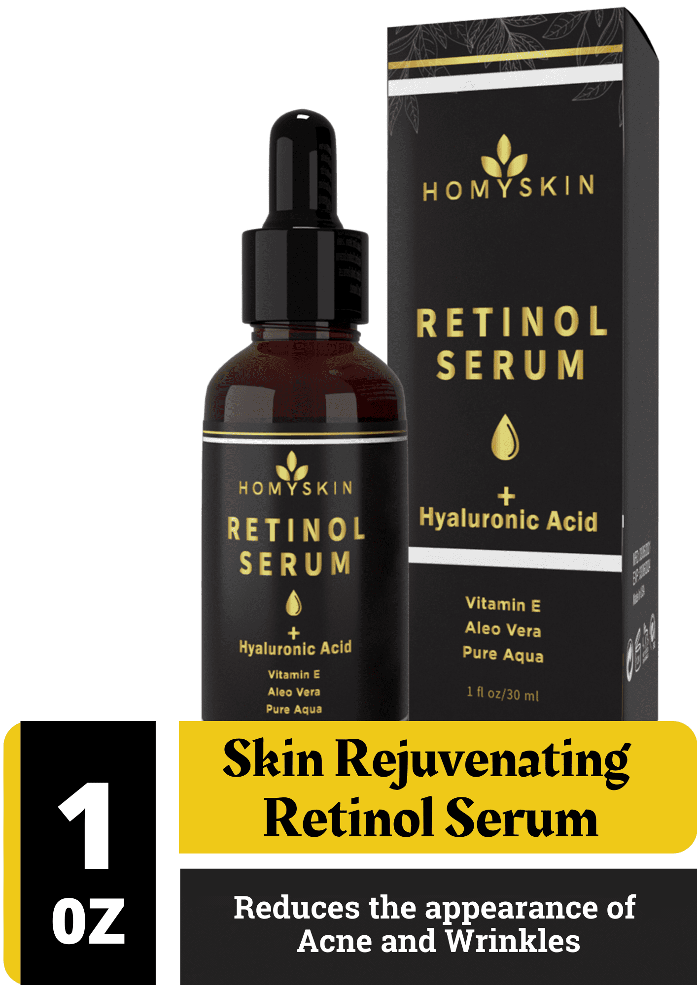 Homy Skin Retinol Serum with Hyaluronic Acid for Renewing Aging Skin - Moisturizer - Anti Aging Anti Wrinkle Facial Serum - Vegetarian, Cruelty Free, Made in the USA