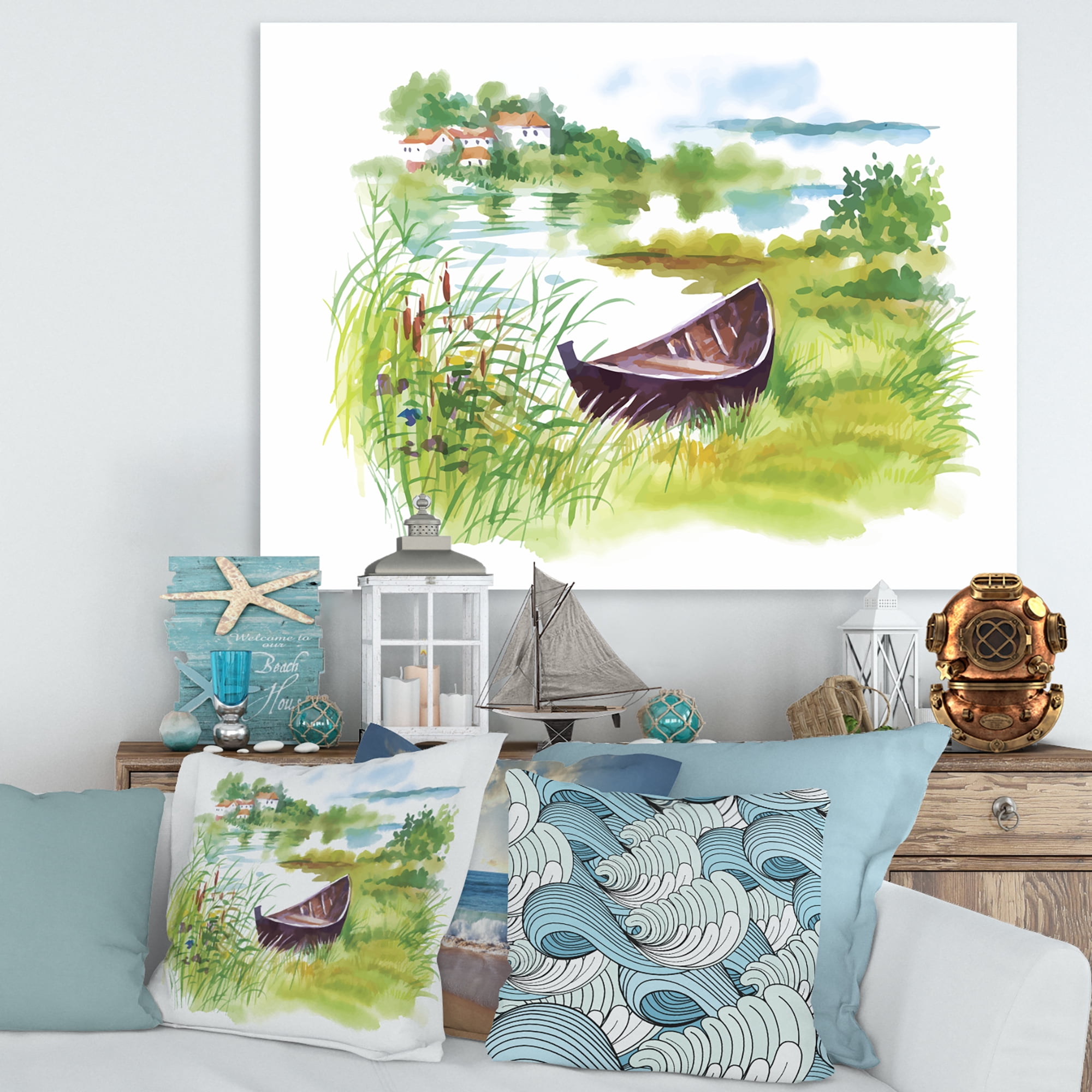 Rural Green Landscape With Boat In Lake 12 in x 8 in Painting Canvas Art Print, by Designart
