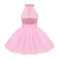 thumbnail image 2 of Lejafay Girls Sparkly Sequins Mock Neck Sleeveless Mesh Splice Dance Dress Ballroom Ballet Modern Pink XL, 2 of 7