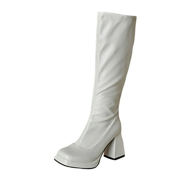 Xiaoxatg Women's Mid-Calf Boots Leather Knee High Platform High Heeled Boots with Zip Up Design 7.5 White