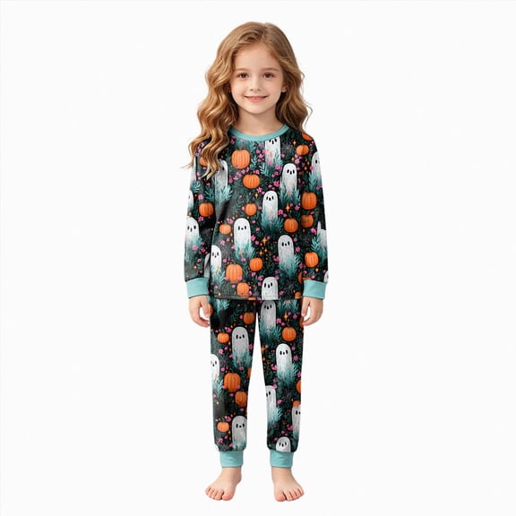 TOWED22 Girls Boys Halloween Pajamas Set Sleepwear Rainbow Unicorn Pjs Toddler Pumpkin Ghost Graphic Long Sleeve Jammies Kids Sleepwear(Green,6-7 Y)