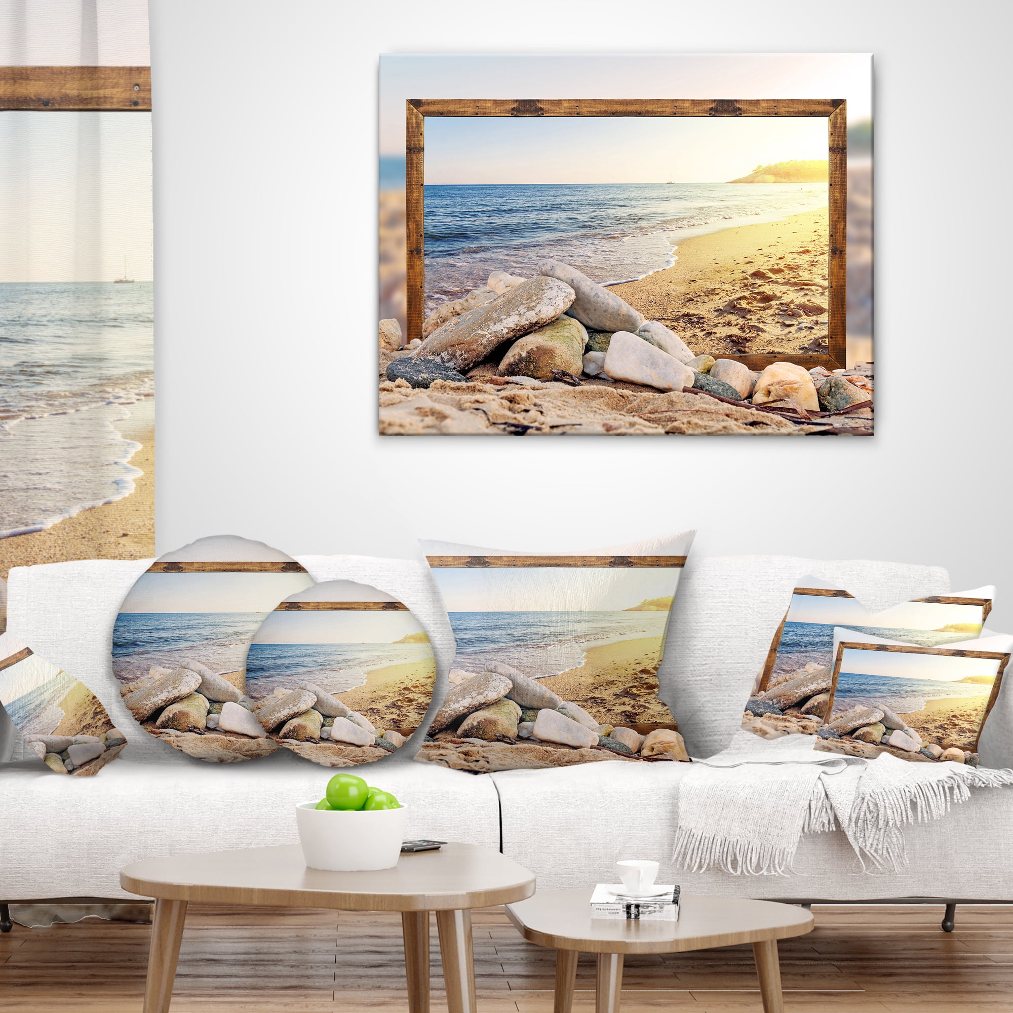 Designart Framed Effect Beach Rocks - Seashore Throw Pillow - 18x18