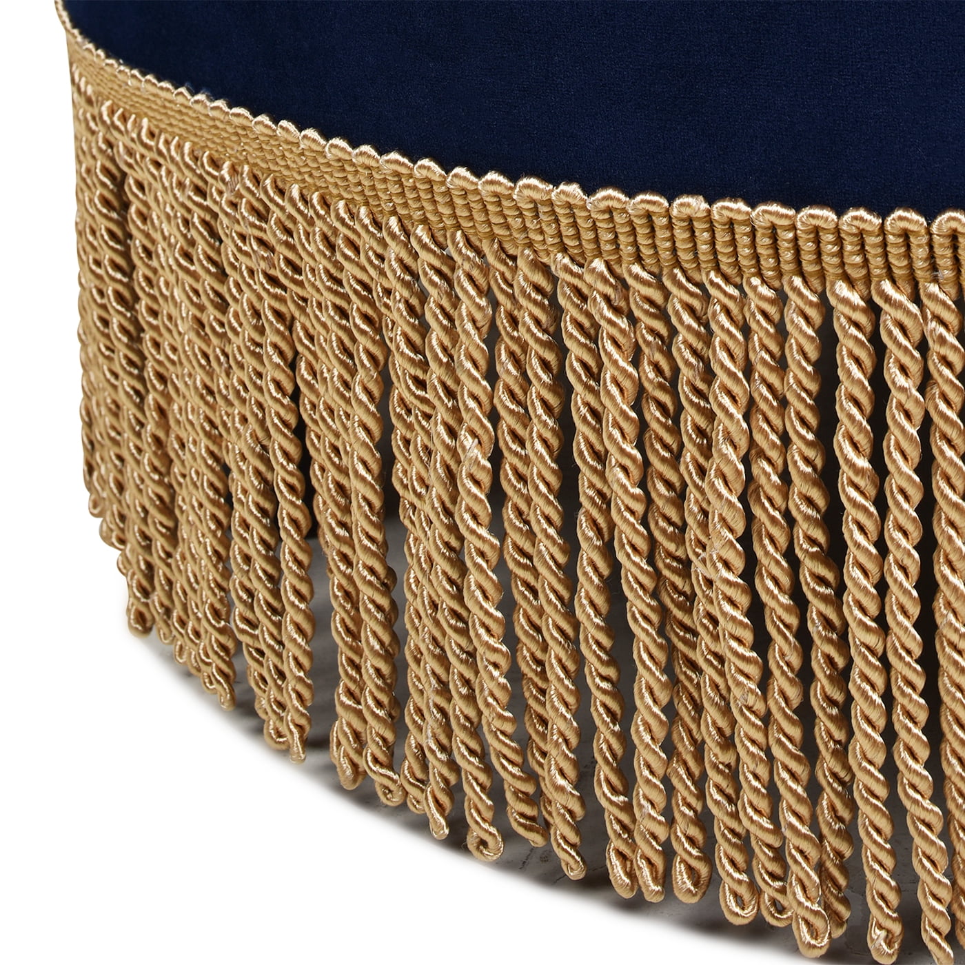 Yolanda Upholstered Round Accent Ottoman Navy Blue Velvet with Gold Trim
