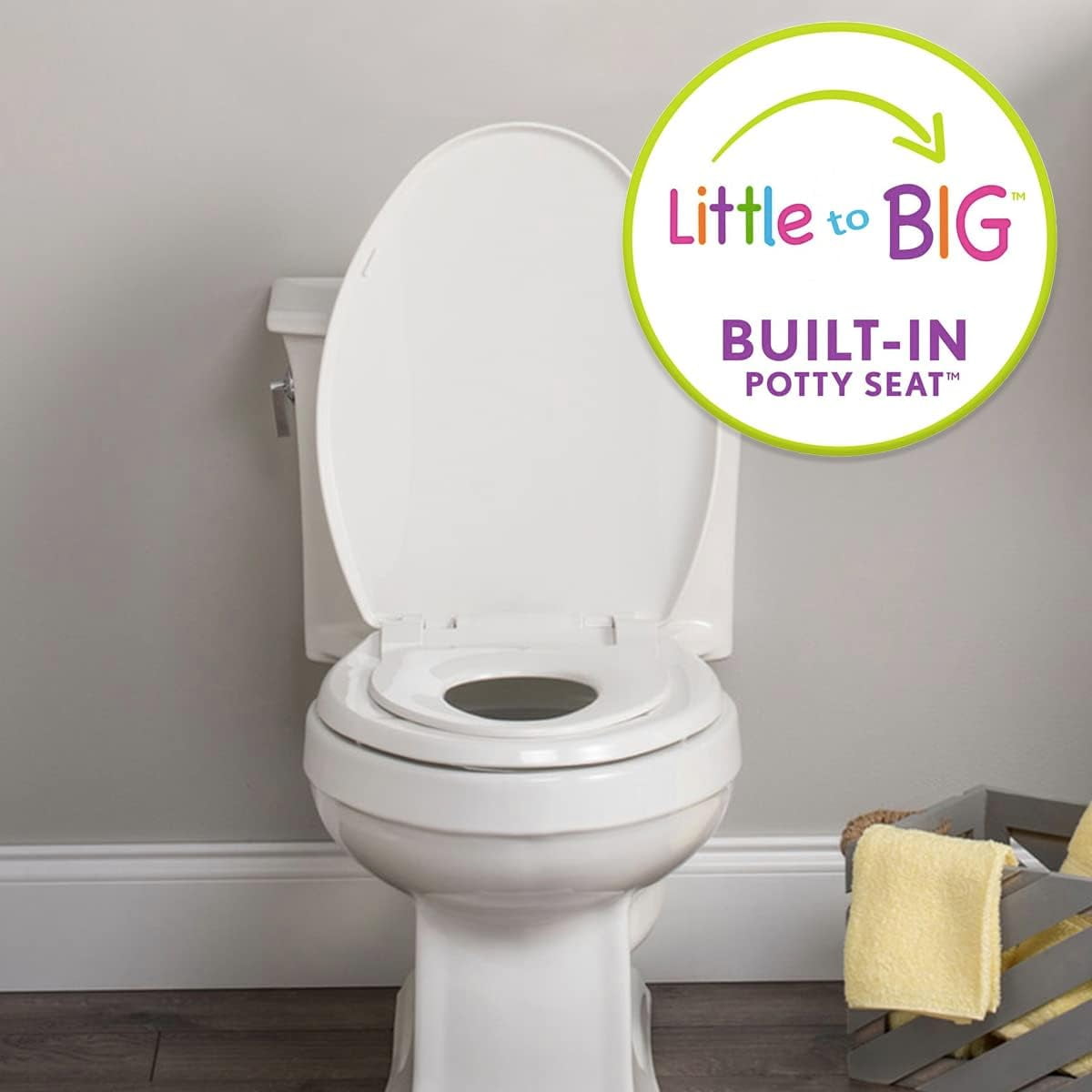 Mayfair Little2Big Elongated Plastic Plastic Potty Training Toilet Seat in White Never Loosens and Soft Close Hinge