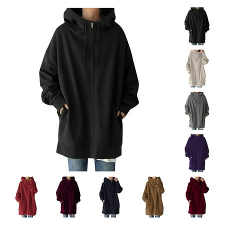 HTNBO Women with Pockets Long Sleeve Hoodies Solid Zip up Casual Fall Winter Autumn Trends Sweatshirts Fall Fashion Black