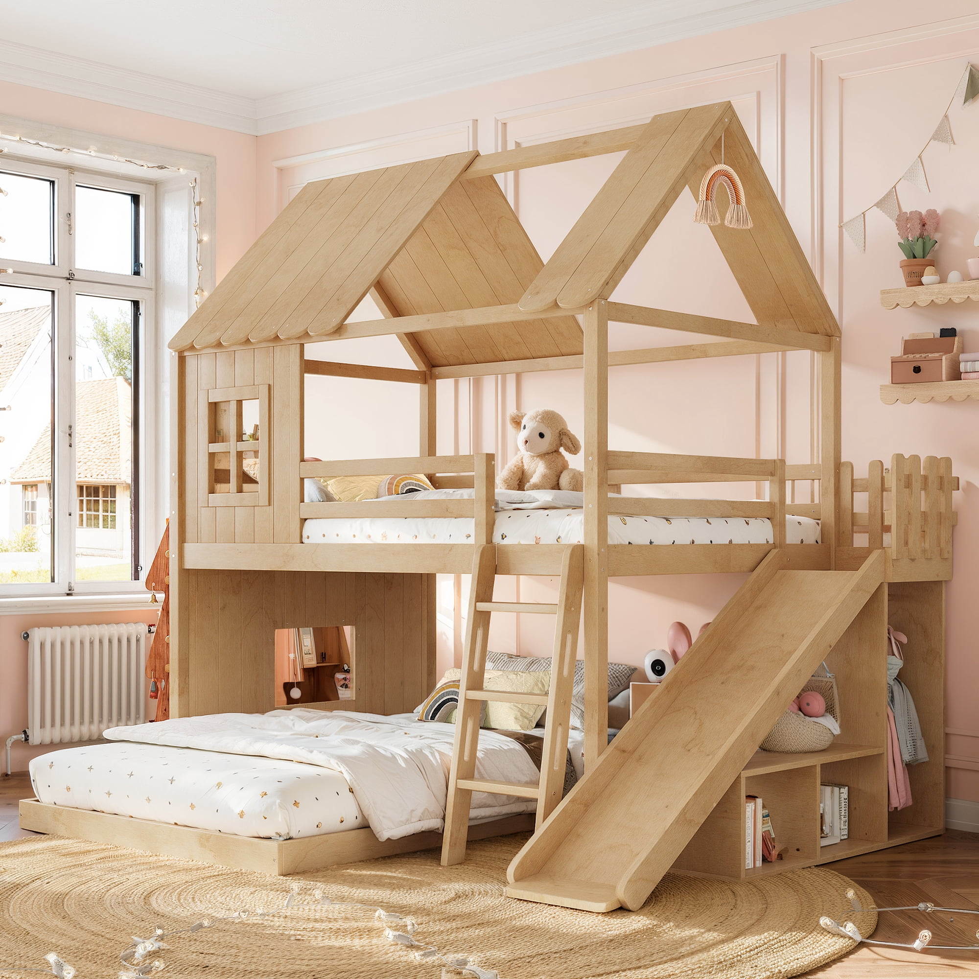 Leumius Full over Full House Bunk Bed with Ladders and Slides, House Floor Bunk Bed Frame with Storage Shelves and Wardrobe, Playhouse Design for Boys Girls Natural