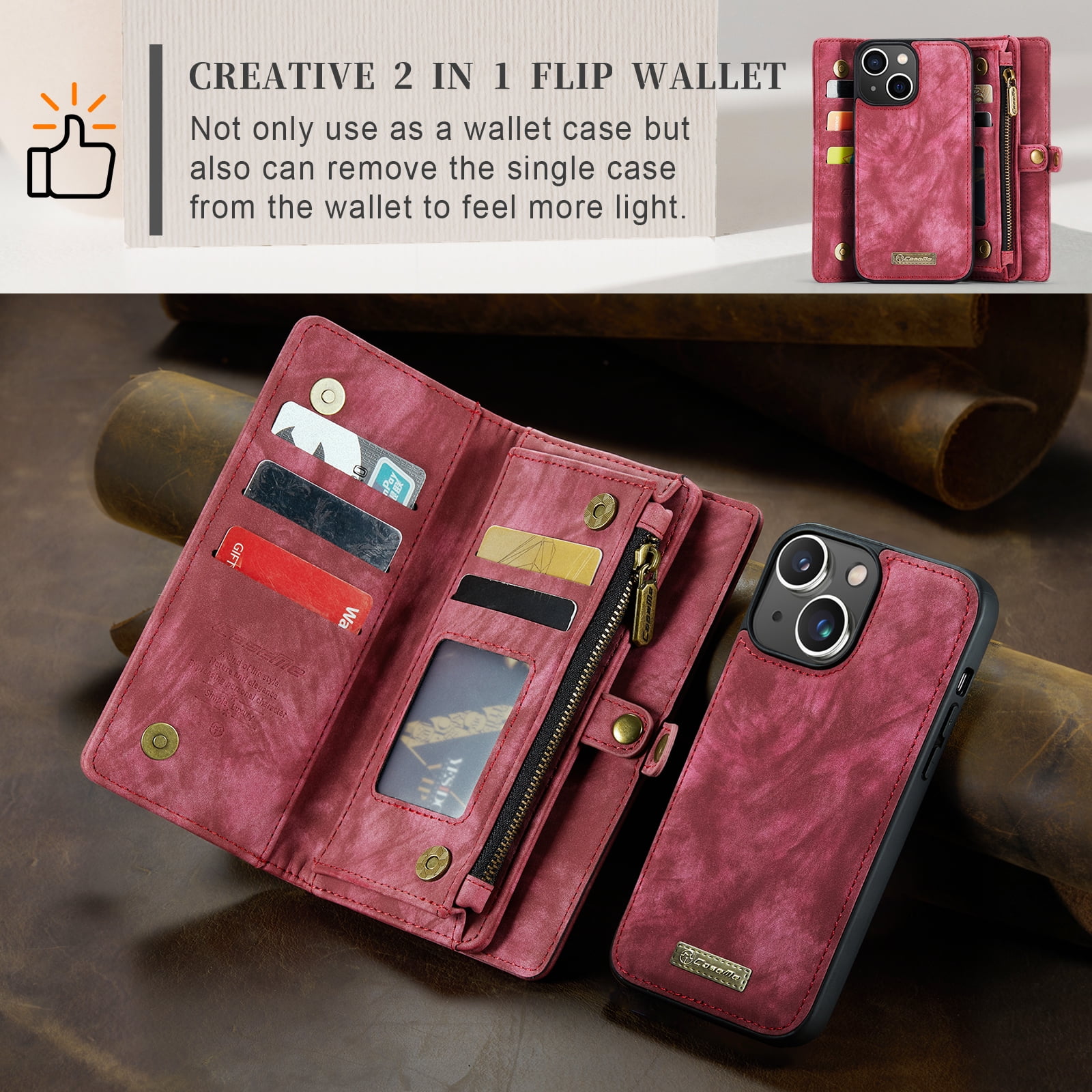 For Apple iPhone 14 Plus Wallet Case,Multi-Functional Retro Leather Purse Flip Cover Zipper Wallet Case with Removable Card Slots Pocket & Detachable Wrist Strap Magnetic Phone Case, Red