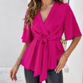 thumbnail image 4 of Clothing Delayuji Women's Sweatshirts Shirts for Women Women's Peplum Tunic Top Bell Sleeve V Neck Ruffle Hem Tie Front Elegant Shirt Blouses M Pink, 4 of 9