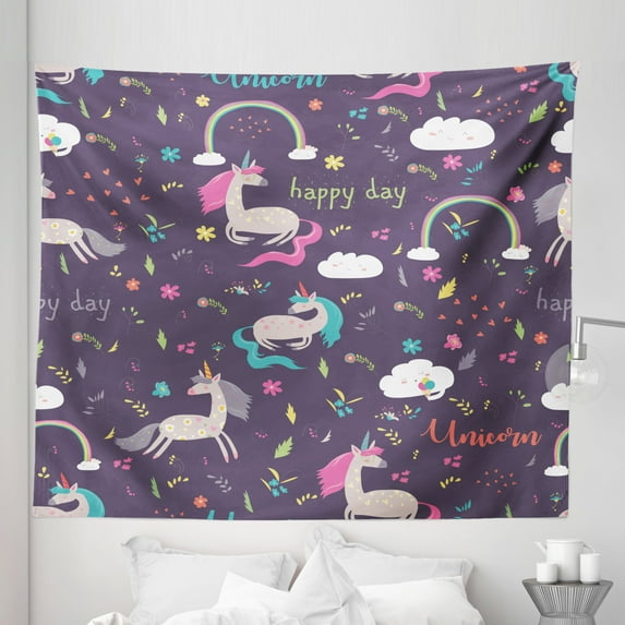 Colorful Tapestry, Pastel Rainbow with Unicorns Dream Characters Tale Cartoon Illustration, Fabric Wall Hanging Decor for Bedroom Living Room Dorm, 5 Sizes, Multicolor, by Ambesonne